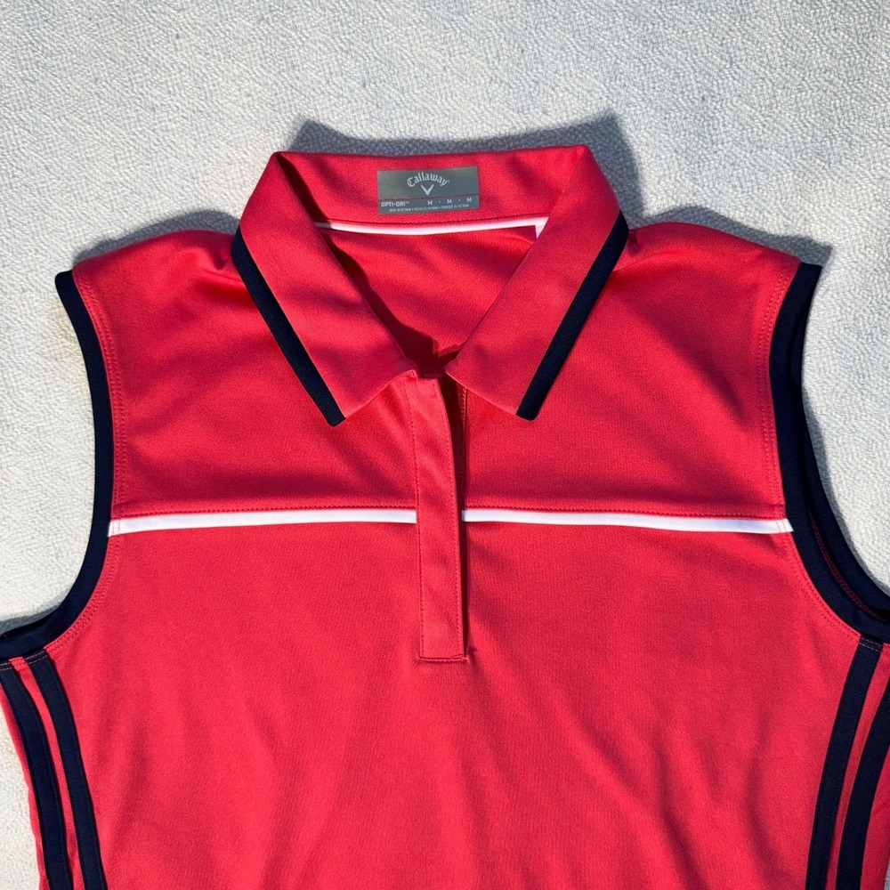 Callaway Womens Red Opti-Dri Sleeveless Golf Polo Shirt Medium Sporty Stripe